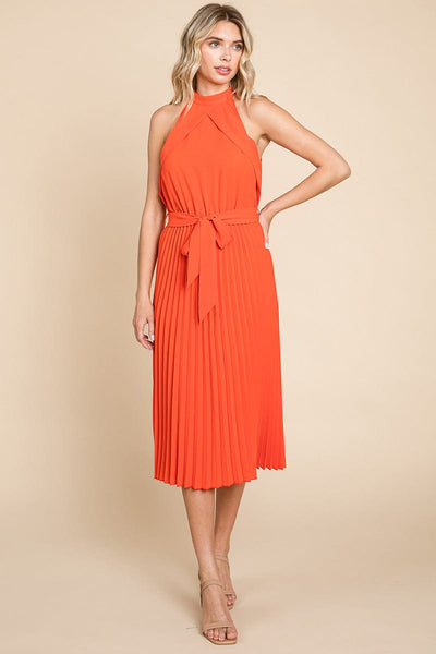 Pleated Self Tie Waist Halter Cocktail Dress, S-3X