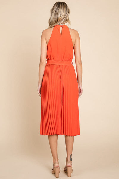 Pleated Self Tie Waist Halter Cocktail Dress, S-3X