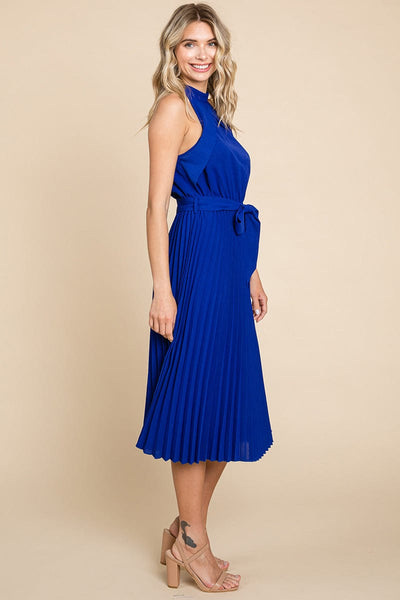 Pleated Self Tie Waist Halter Cocktail Dress, S-3X