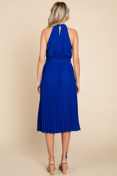 Pleated Self Tie Waist Halter Cocktail Dress, S-3X