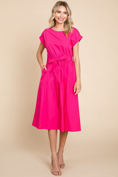 Poplin Pocketed Self Tie Waist Shirt Dress