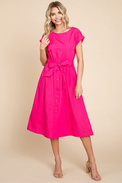 Poplin Pocketed Self Tie Waist Shirt Dress