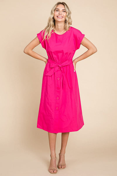 Poplin Pocketed Self Tie Waist Shirt Dress