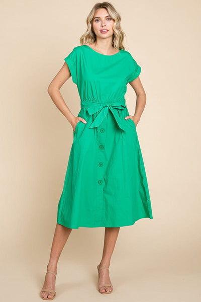 Poplin Pocketed Self Tie Waist Shirt Dress