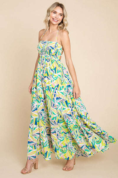 Floral Shirred Bodice Halter Cami Sun Maxi Dress