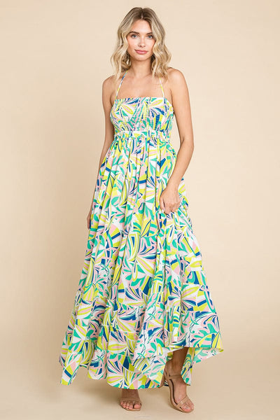 Floral Shirred Bodice Halter Cami Sun Maxi Dress