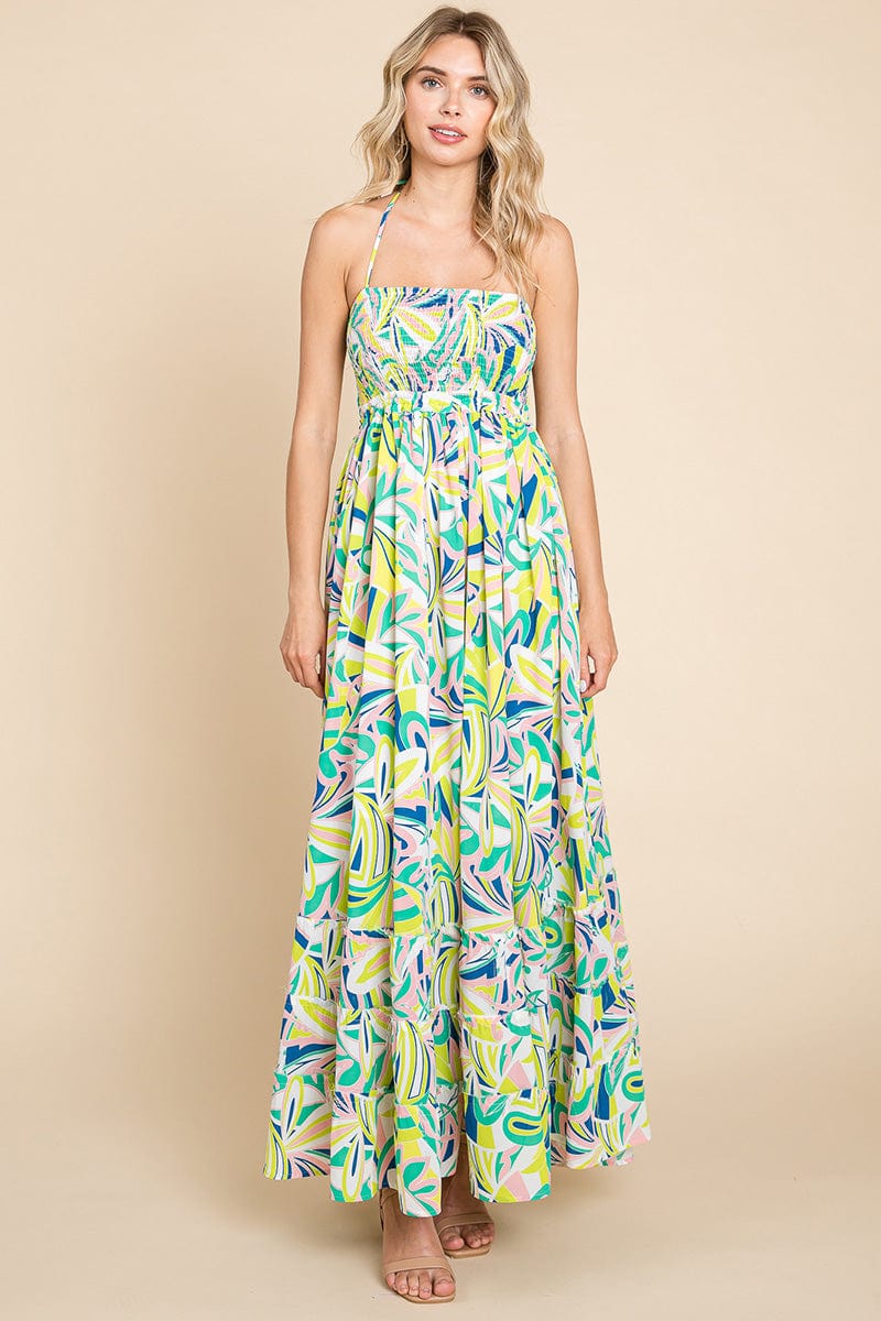 Floral Shirred Bodice Halter Cami Sun Maxi Dress