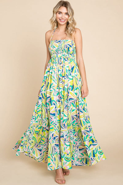 Floral Shirred Bodice Halter Cami Sun Maxi Dress