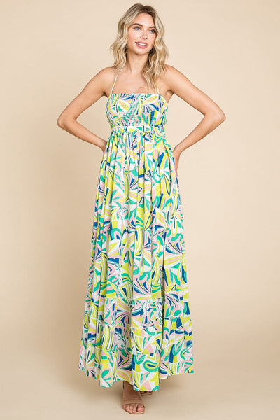 Floral Shirred Bodice Halter Cami Sun Maxi Dress