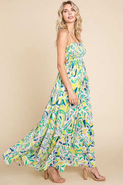 Floral Shirred Bodice Halter Cami Sun Maxi Dress