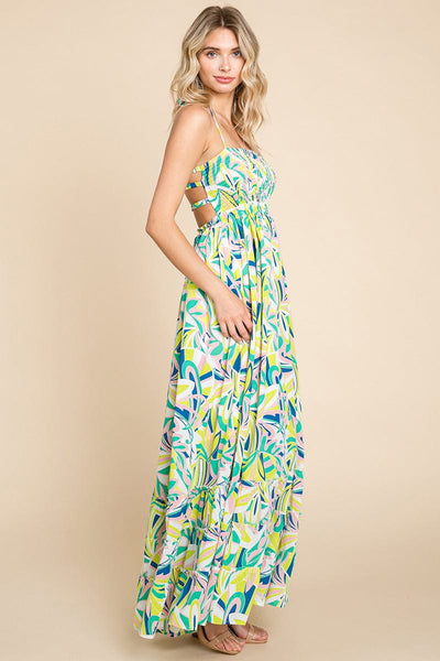 Floral Shirred Bodice Halter Cami Sun Maxi Dress