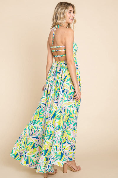 Floral Shirred Bodice Halter Cami Sun Maxi Dress