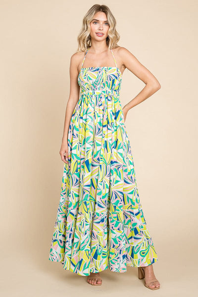 Floral Shirred Bodice Halter Cami Sun Maxi Dress