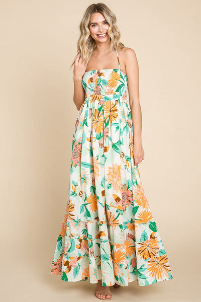 Floral Shirred Bodice Halter Cami Sun Maxi Dress