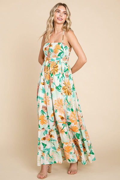 Floral Shirred Bodice Halter Cami Sun Maxi Dress