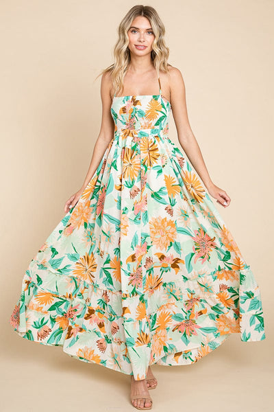 Floral Shirred Bodice Halter Cami Sun Maxi Dress