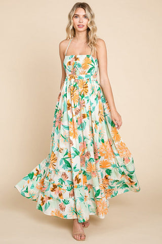 Floral Shirred Bodice Halter Cami Sun Maxi Dress