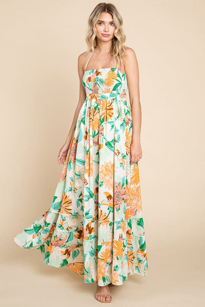 Floral Shirred Bodice Halter Cami Sun Maxi Dress