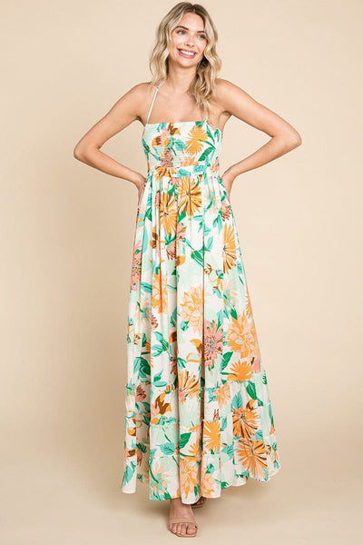 Floral Shirred Bodice Halter Cami Sun Maxi Dress