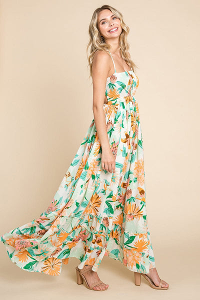 Floral Shirred Bodice Halter Cami Sun Maxi Dress