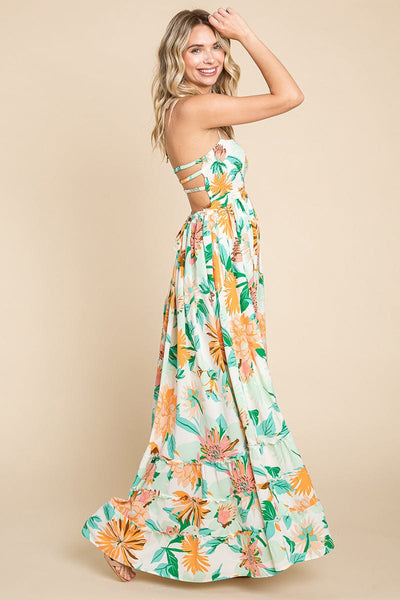 Floral Shirred Bodice Halter Cami Sun Maxi Dress