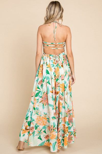 Floral Shirred Bodice Halter Cami Sun Maxi Dress