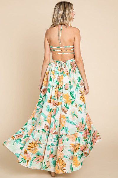 Floral Shirred Bodice Halter Cami Sun Maxi Dress