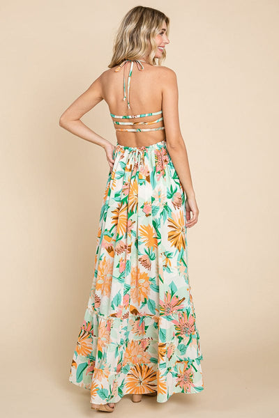 Floral Shirred Bodice Halter Cami Sun Maxi Dress