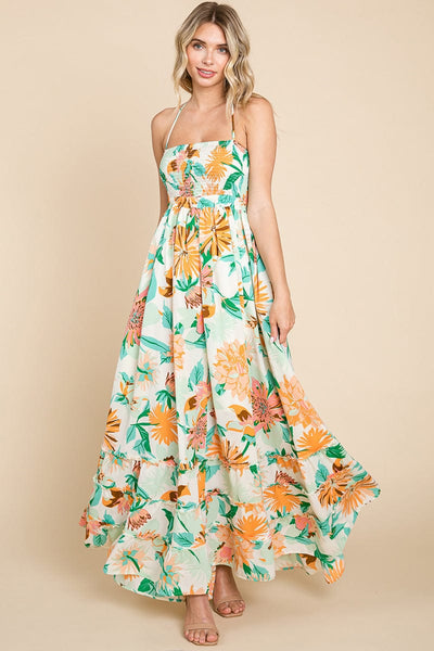 Floral Shirred Bodice Halter Cami Sun Maxi Dress