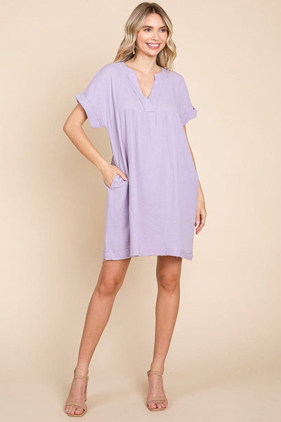 Gauze Raw Edge V neck Pocket Shift Mini Dress, S-3X