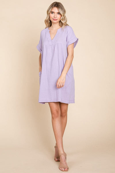 Gauze Raw Edge V neck Pocket Shift Mini Dress, S-3X