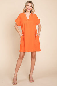 Gauze Raw Edge V neck Pocket Shift Mini Dress, S-3X