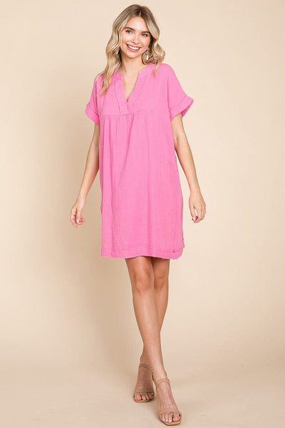 Gauze Raw Edge V neck Pocket Shift Mini Dress, S-3X