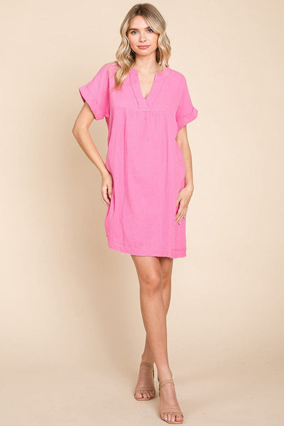 Gauze Raw Edge V neck Pocket Shift Mini Dress, S-3X