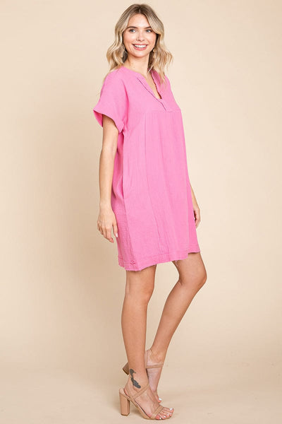 Gauze Raw Edge V neck Pocket Shift Mini Dress, S-3X