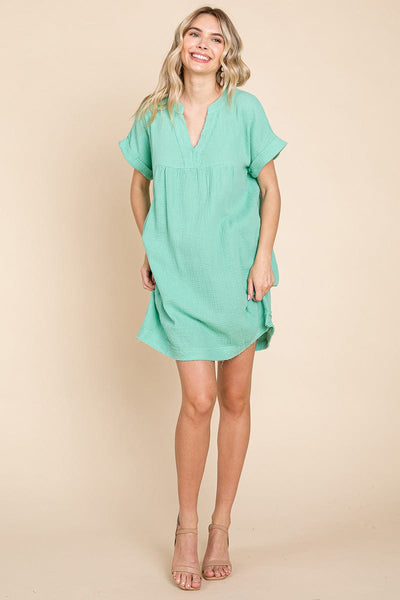 Gauze Raw Edge V neck Pocket Shift Mini Dress, S-3X