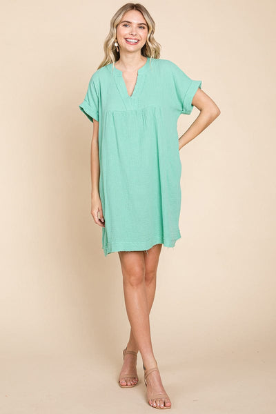 Gauze Raw Edge V neck Pocket Shift Mini Dress, S-3X