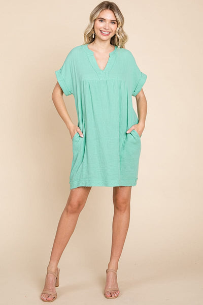 Gauze Raw Edge V neck Pocket Shift Mini Dress, S-3X