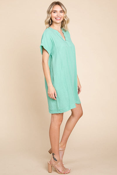 Gauze Raw Edge V neck Pocket Shift Mini Dress, S-3X