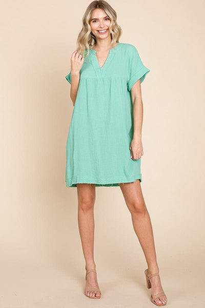 Gauze Raw Edge V neck Pocket Shift Mini Dress, S-3X