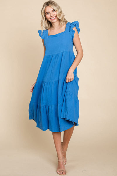 Ruffle Sleeve Gauze Tiered Midi Cotton Dress