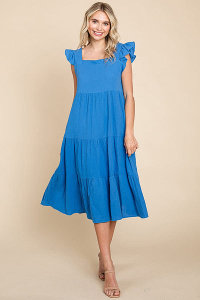 Ruffle Sleeve Gauze Tiered Midi Cotton Dress