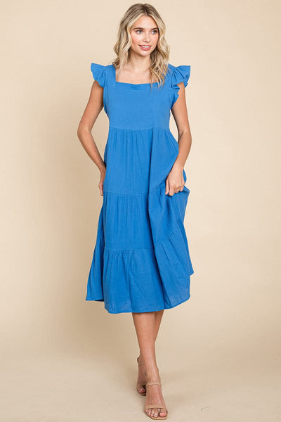 Ruffle Sleeve Gauze Tiered Midi Cotton Dress