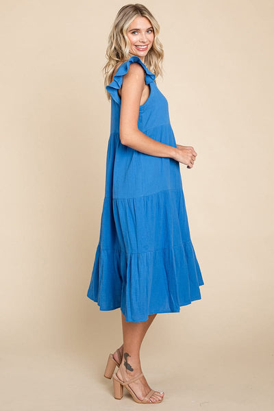 Ruffle Sleeve Gauze Tiered Midi Cotton Dress