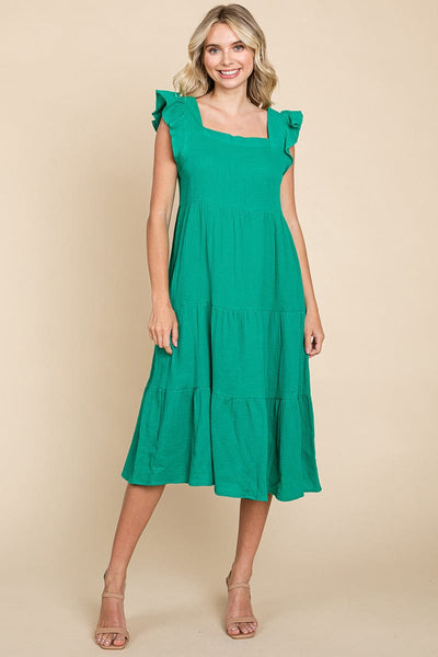 Ruffle Sleeve Gauze Tiered Midi Cotton Dress