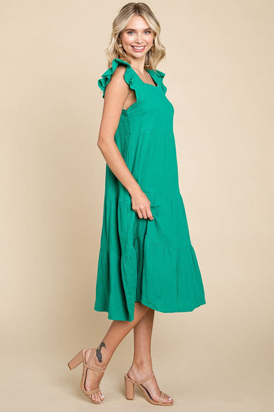 Ruffle Sleeve Gauze Tiered Midi Cotton Dress