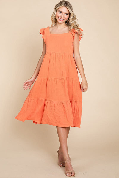 Ruffle Sleeve Gauze Tiered Midi Cotton Dress