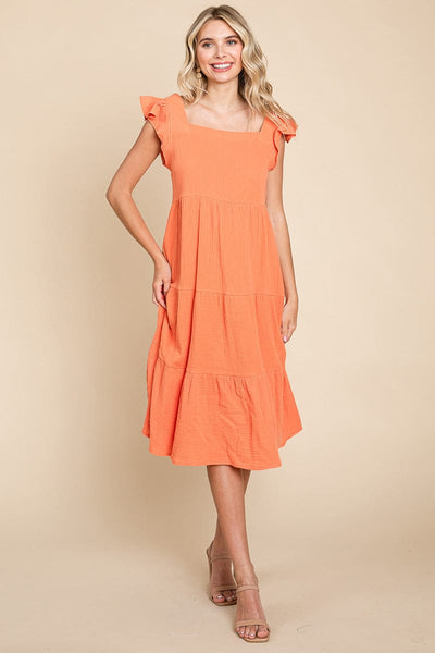 Ruffle Sleeve Gauze Tiered Midi Cotton Dress