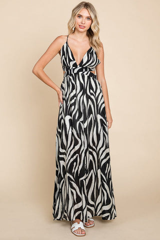 Deep V Neck Open Back Zebra Print Boho Maxi Dress