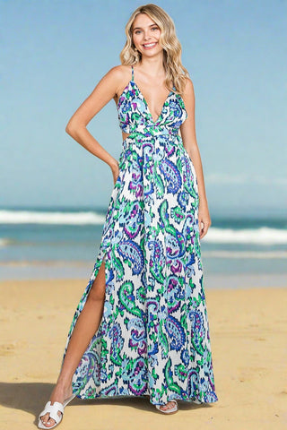 Deep V Neck Open Back Printed Boho Maxi Dress